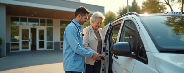 Taxi médical conventionné stationné devant un établissement de santé avec accès pour patients à mobilité réduite