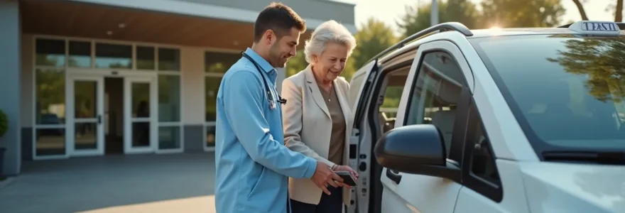Taxi médical conventionné stationné devant un établissement de santé avec accès pour patients à mobilité réduite