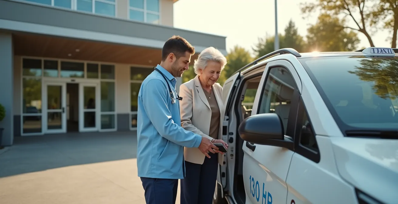Taxi médical conventionné stationné devant un établissement de santé avec accès pour patients à mobilité réduite