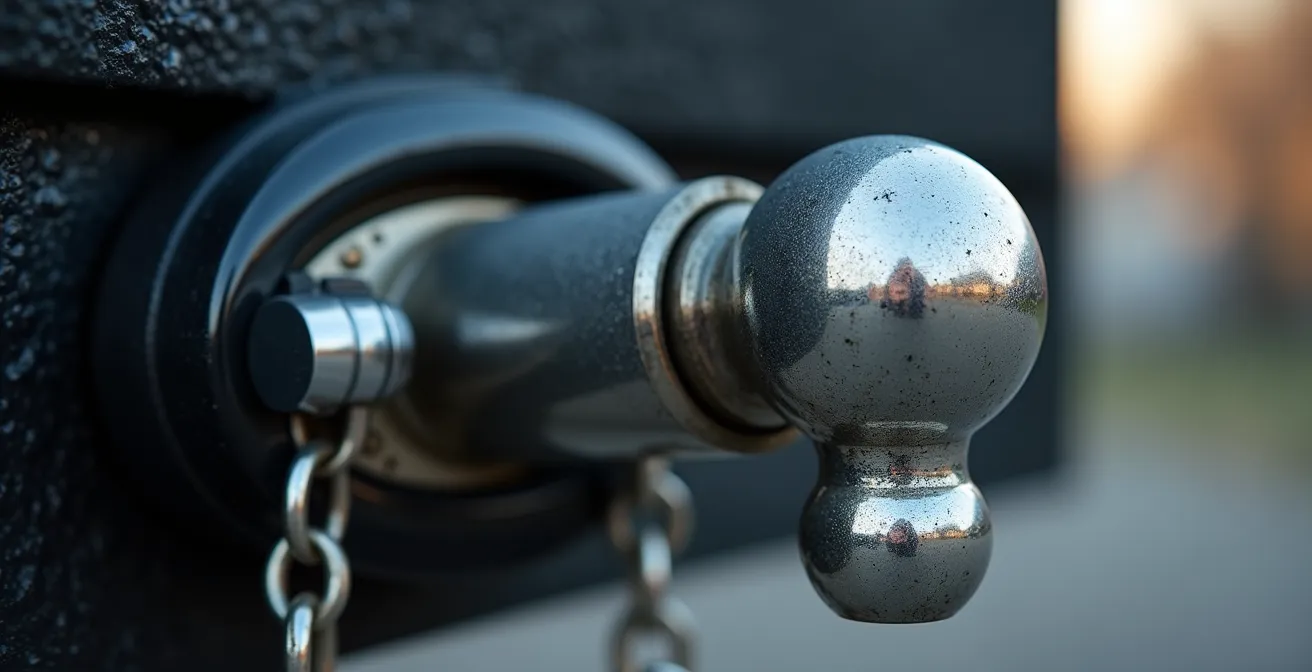 Gros plan sur système d'attelage et mécanismes de sécurité d'une remorque