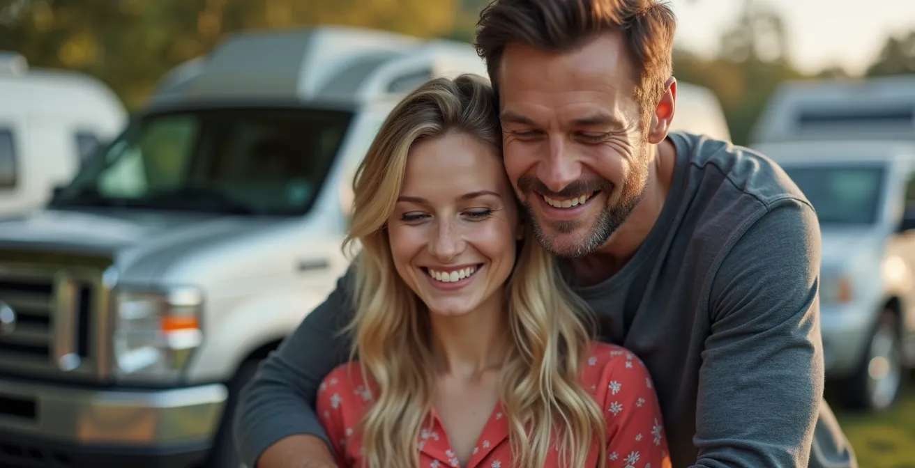 Parents souriants préparant sereinement des bagages variés avec une grande remorque en arrière-plan